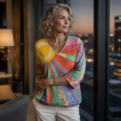👚 Retro, artistieke blouse met digitale print – boho-chic