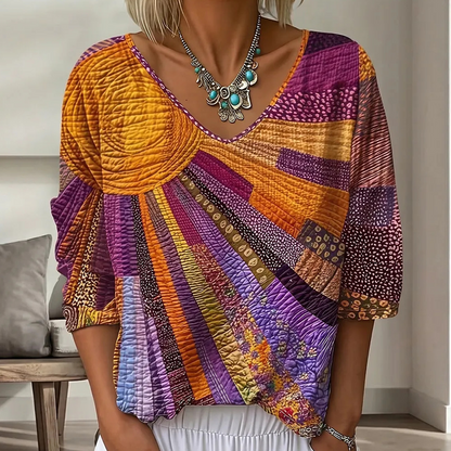 👚 Retro, artistieke blouse met digitale print – boho-chic
