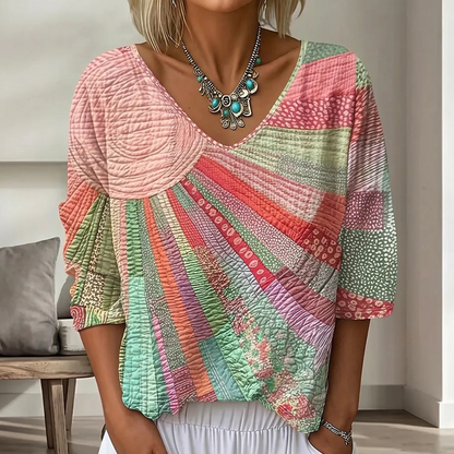👚 Retro, artistieke blouse met digitale print – boho-chic