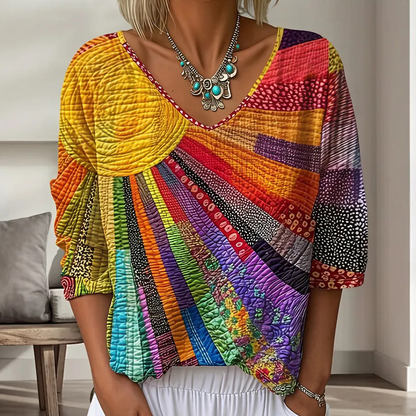 👚 Retro, artistieke blouse met digitale print – boho-chic