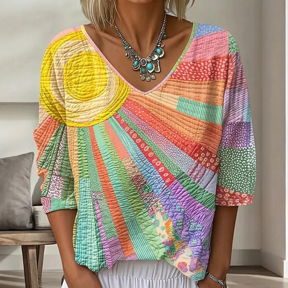 👚 Retro, artistieke blouse met digitale print – boho-chic