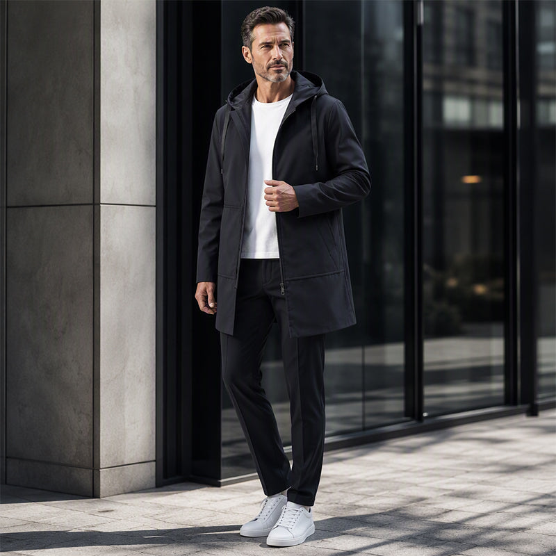 🧥 Middellange jas met capuchon – winddicht comfort voor woon-werkverkeer en in het weekend