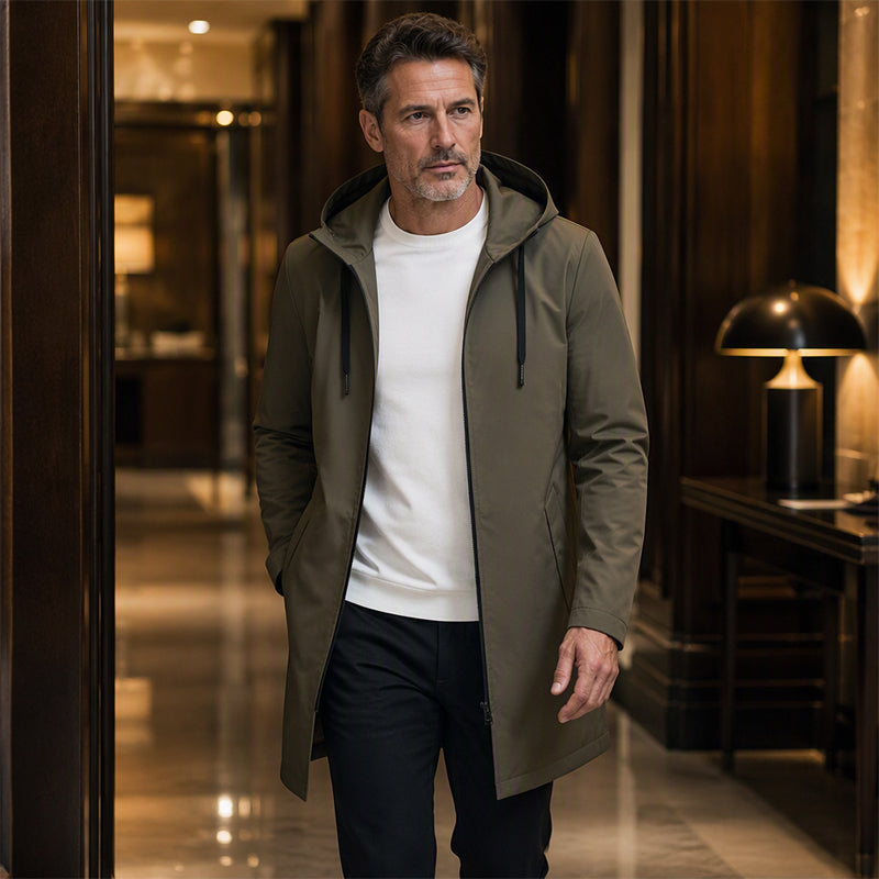 🧥 Middellange jas met capuchon – winddicht comfort voor woon-werkverkeer en in het weekend
