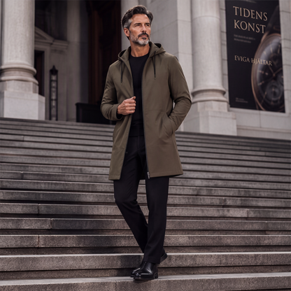 🧥 Middellange jas met capuchon – winddicht comfort voor woon-werkverkeer en in het weekend