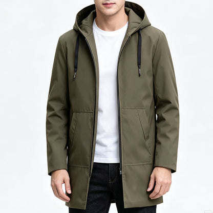 🧥 Middellange jas met capuchon – winddicht comfort voor woon-werkverkeer en in het weekend