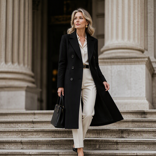 🧥 Dubbelgeknoopte wollen jas met klassieke kraag – luxe warmte voor koele dagen
