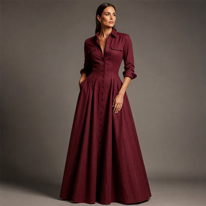 💕 Maxi-jurk voor dames met omgeslagen kraag en knoopsluiting