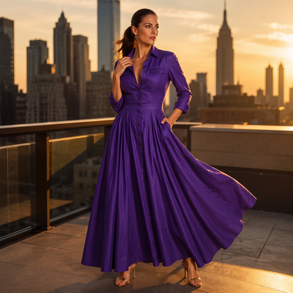 💕 Maxi-jurk voor dames met omgeslagen kraag en knoopsluiting