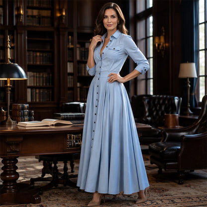 💕 Maxi-jurk voor dames met omgeslagen kraag en knoopsluiting