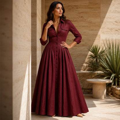 💕 Maxi-jurk voor dames met omgeslagen kraag en knoopsluiting
