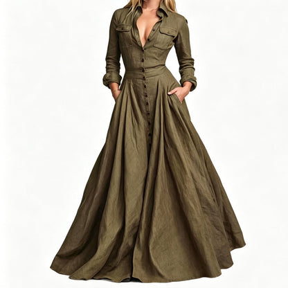 💕 Maxi-jurk voor dames met omgeslagen kraag en knoopsluiting