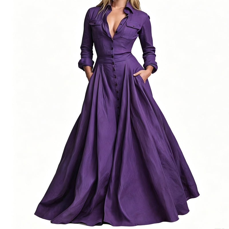 💕 Maxi-jurk voor dames met omgeslagen kraag en knoopsluiting