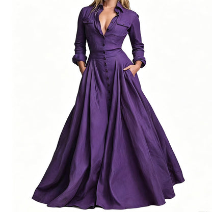 💕 Maxi-jurk voor dames met omgeslagen kraag en knoopsluiting