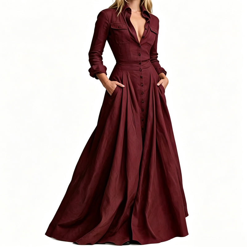 💕 Maxi-jurk voor dames met omgeslagen kraag en knoopsluiting