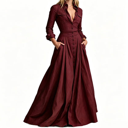 💕 Maxi-jurk voor dames met omgeslagen kraag en knoopsluiting