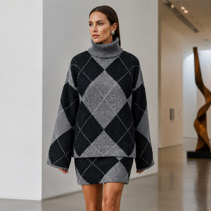 Set bestaande uit een trui met argyle-patroon en een rok voor dames
