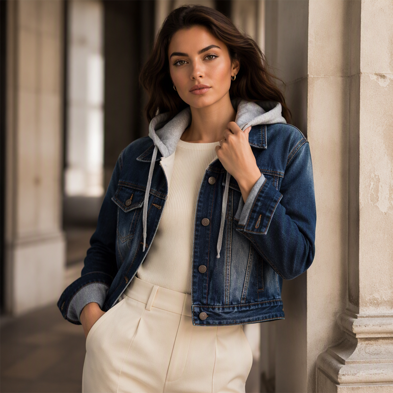😍 Damesjeansjas met capuchon, gelaagde look en warme voering
