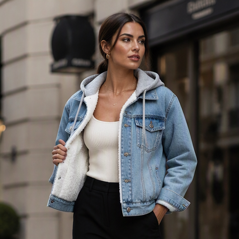 😍 Damesjeansjas met capuchon, gelaagde look en warme voering