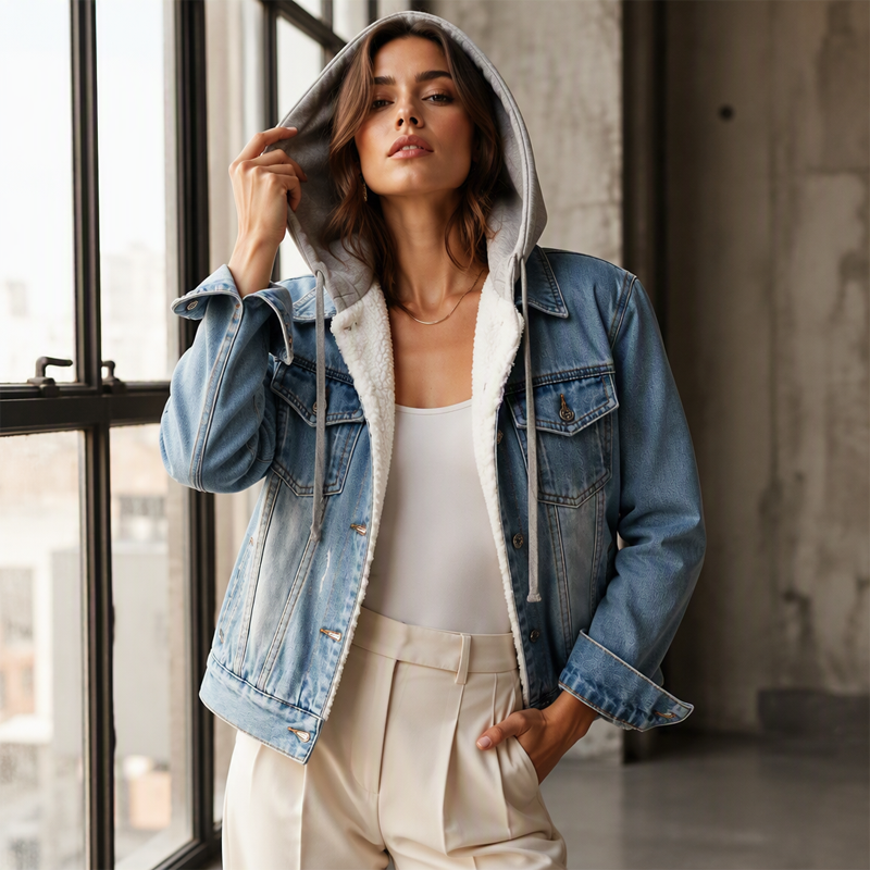 😍 Damesjeansjas met capuchon, gelaagde look en warme voering