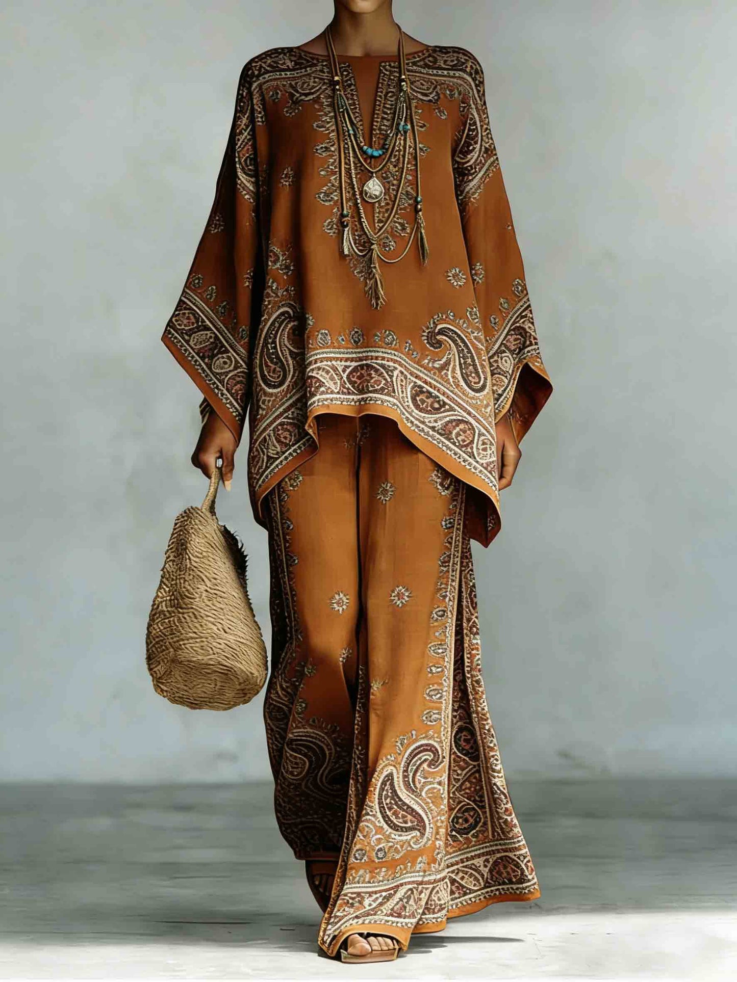 Bohemian Paisley Print Batwing Mouw Twee-Delige Set