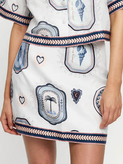 Retro Schelpprint Losse Top En A-Lijn Mini Rok Set