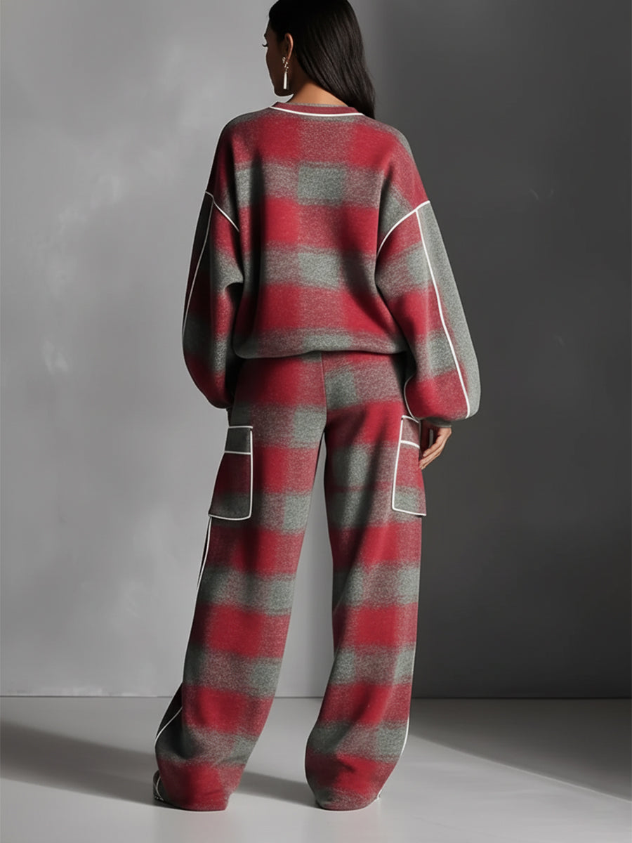 Dames Rood En Grijs Geruit Geborsteld Versleten Street Style Kleur Geblokte Piping Jumpsuit Set MDA1065K4I