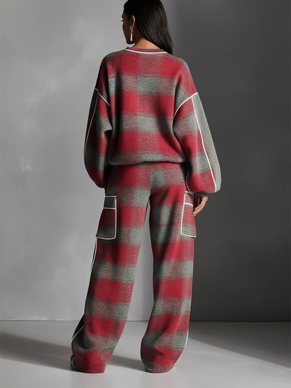 Dames Rood En Grijs Geruit Geborsteld Versleten Street Style Kleur Geblokte Piping Jumpsuit Set MDA1065K4I