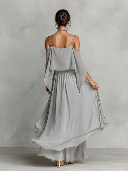 Dames Grijze Ademend Chiffon Set Met Cold-Shoulder Detail & Uitlopende Silhouet, Hedendaagse Luxe-Vrouwelijke Stijl Set MDZ2651B6I