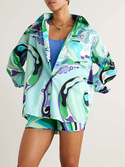 Uniek Abstract Bloemenprint Lange Mouwen Korte Broek Twee-Delige Set