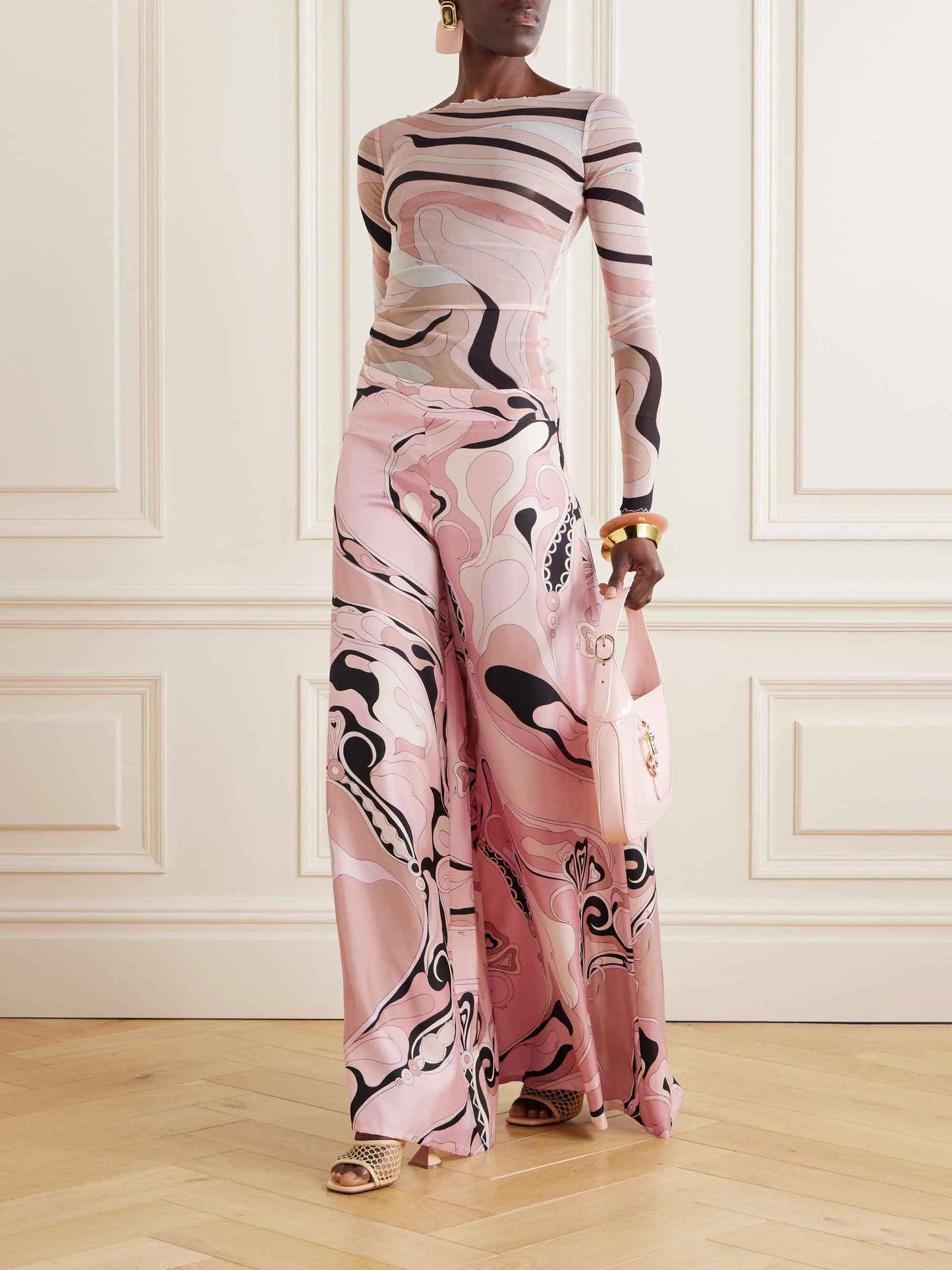 Retro Abstracte Bloemenprint Wijde Broek