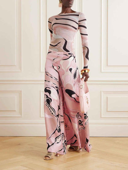 Retro Abstracte Bloemenprint Wijde Broek