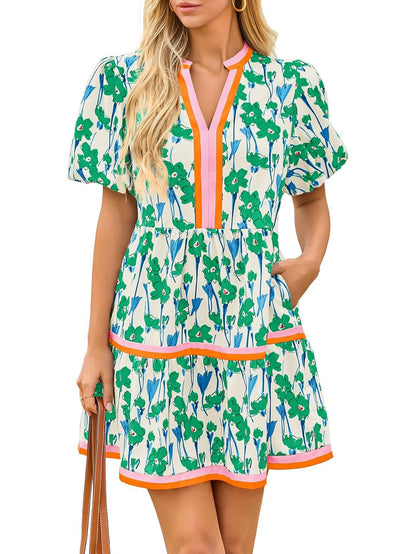 Damesjurk met V-hals en bloemenprint, korte pofmouwen, boho-stijl